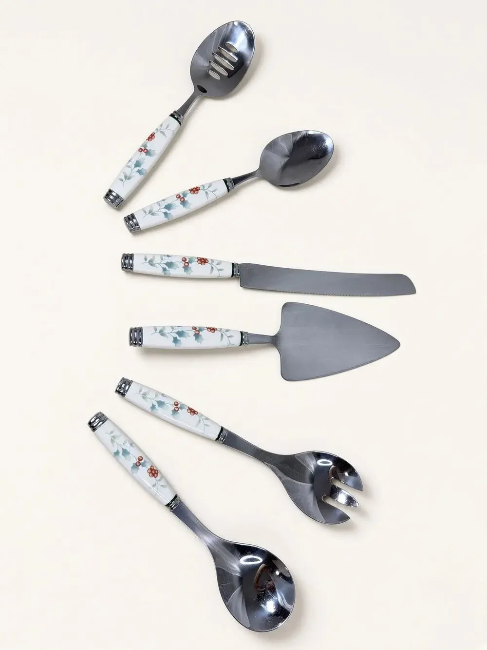 Pfaltzgraff Winterberry Holly Berry Ceramic Handle Stainless Serving Set 6pc